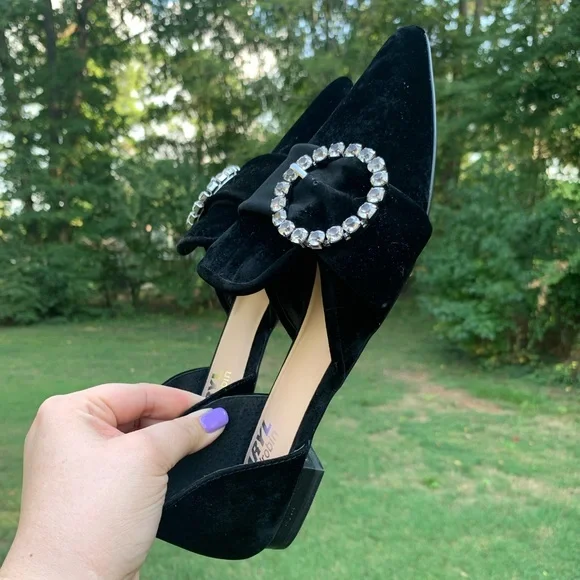 Velvet Pointed Rhinestone Ring Slip-On Loafers - Picture 12 of 16
